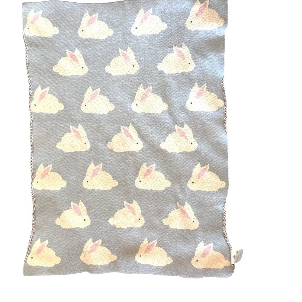 Safavieh Cotton Knit Bunny Rabbit Baby Blanket Light Blue Grey Reversible Luxe